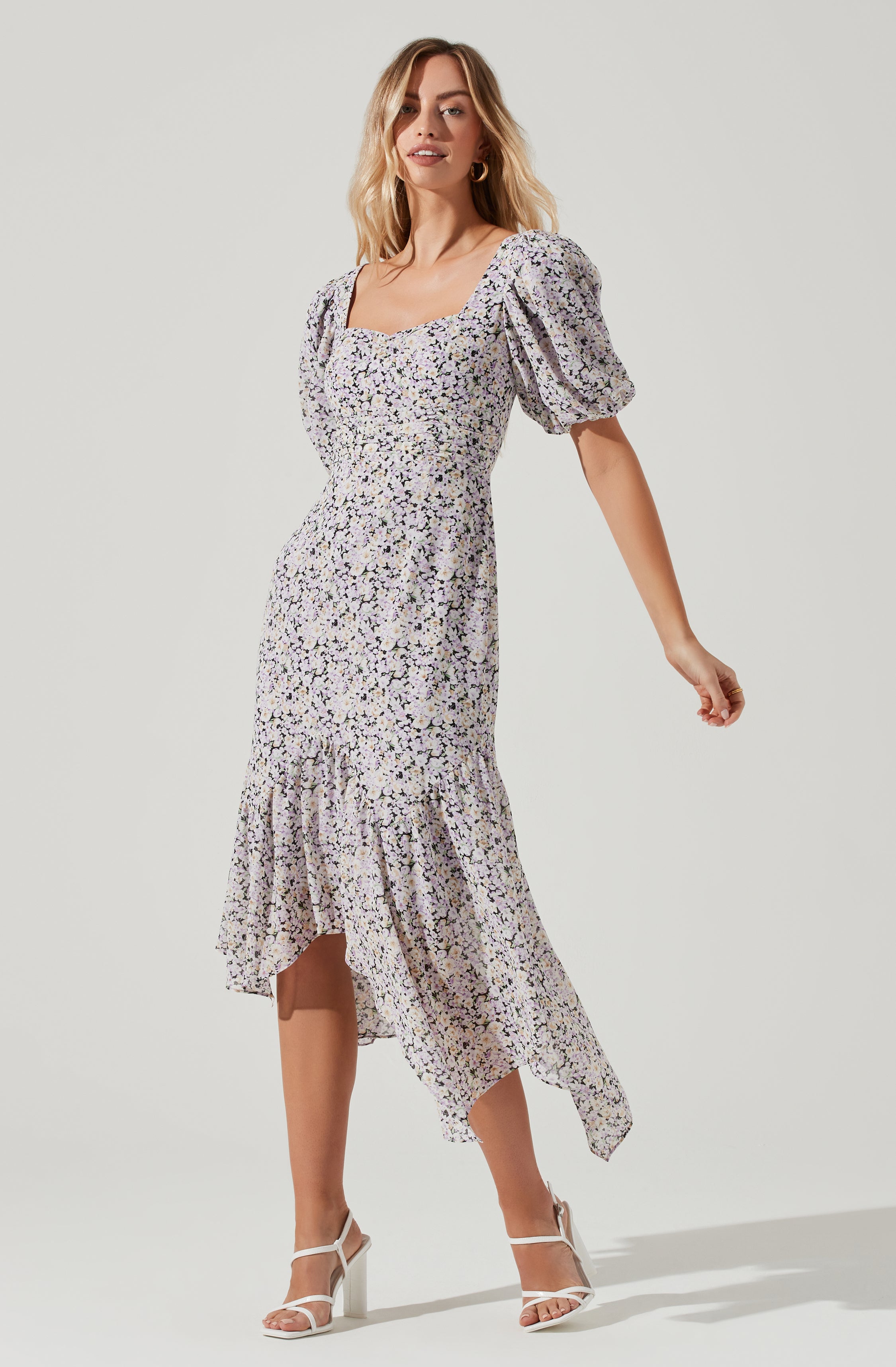 Micaela Floral Puff Sleeve Midi Dress ...